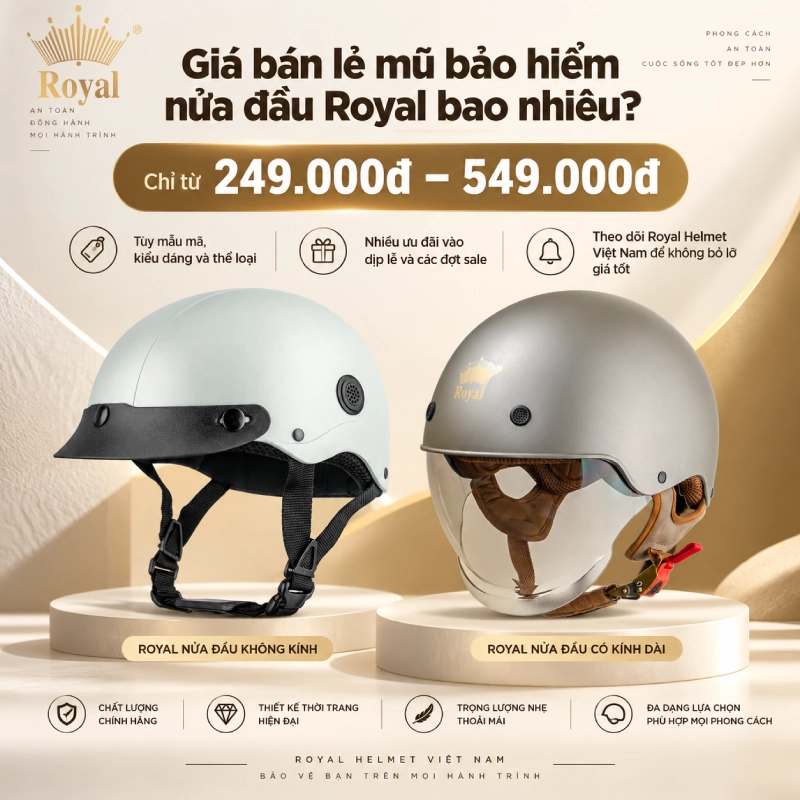 Giá bán lẻ mũ bảo hiểm nửa đầu Royal bao nhiêu?