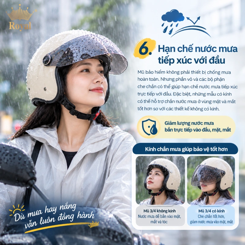Đội nón bảo hiểm giúp hạn chế nước mưa tiếp xúc với đầu