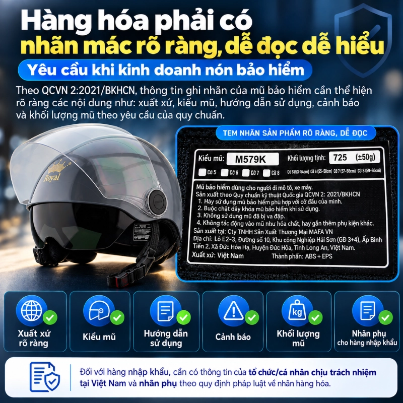 Kinh doanh mũ bảo hiểm yêu cầu Hàng hóa phải có nhãn mác rõ ràng, dễ đọc dễ hiểu