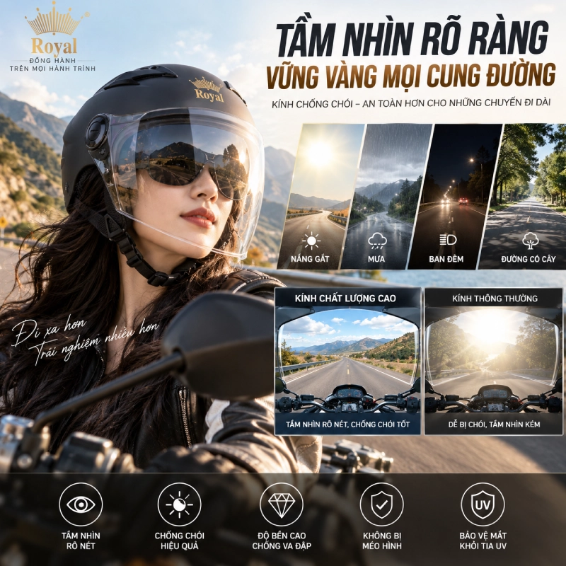 Kính mũ bảo hiểm chọn đi đường dài cần quan tâm đến khả năng chống chói và tầm nhìn