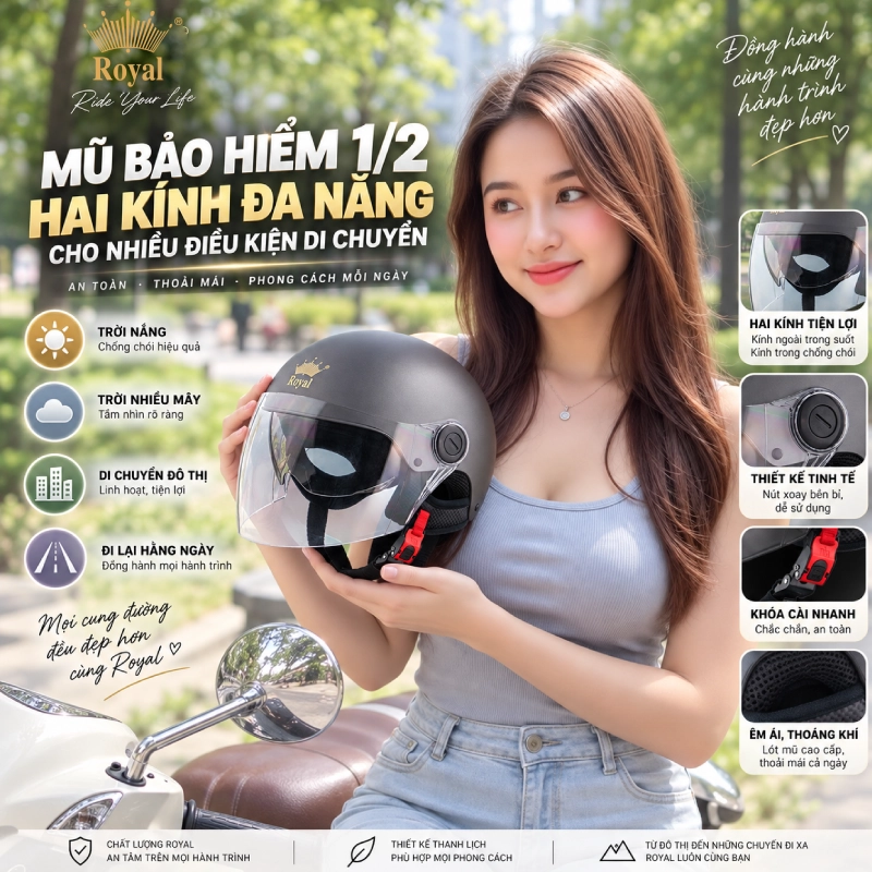 Mũ bảo hiểm 1/2 hai kính đa năng cho nhiều điều kiện di chuyển