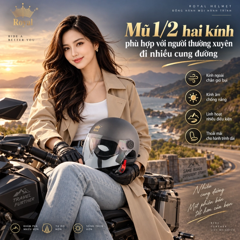 Đi đường dài nên chọn mũ bảo hiểm 1/2 như thế nào? nên chọn loại 2 kính để phù hợp với mọi điều kiện thời tiết