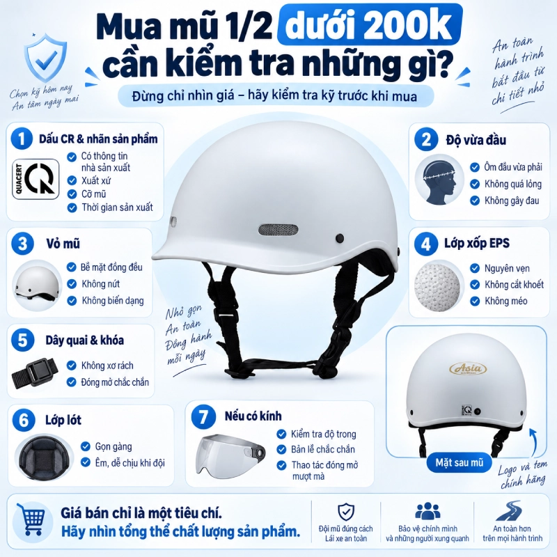 Mua mũ 1/2 dưới 200k cần kiểm tra những gì?