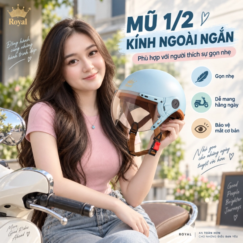 Mũ bảo hiểm 1/2 loại nào tốt? Kính ngoài ngắn phù hợp với người thích sự gọn nhẹ