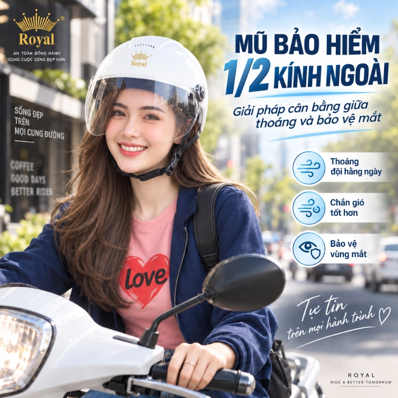 Mũ bảo hiểm 1/2 loại nào tốt? Loại kính ngoài giải pháp cân bằng giữa thoáng và bảo vệ mắt
