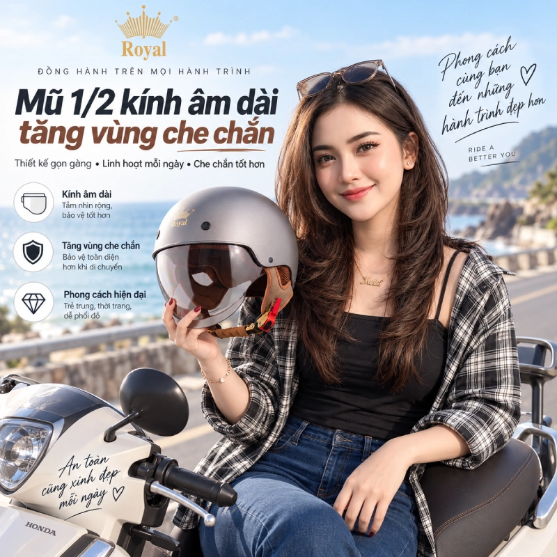 Mũ bảo hiểm 1/2 loại nào tốt? Kính âm dài tăng vùng che chắn