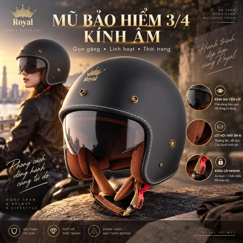 Mũ bảo hiểm 3/4 kính âm