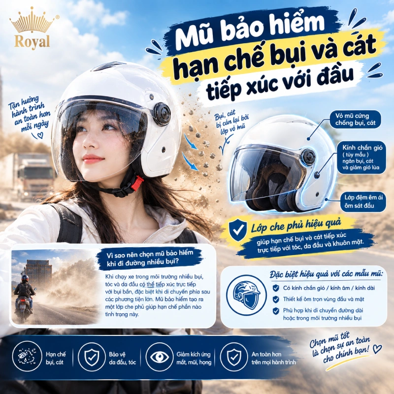 Mũ bảo hiểm giúp hạn chế bụi và cát tiếp xúc với đầu