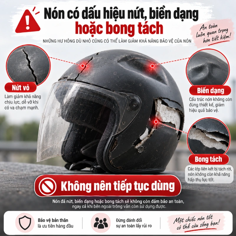 Nón có dấu hiệu nứt, biến dạng hoặc bong tách