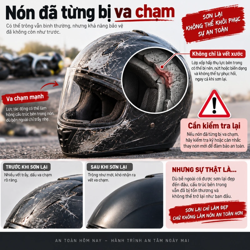 Những trường hợp càng không nên tự sơn nón bảo hiểm: Nón đã từng va chạm mạnh