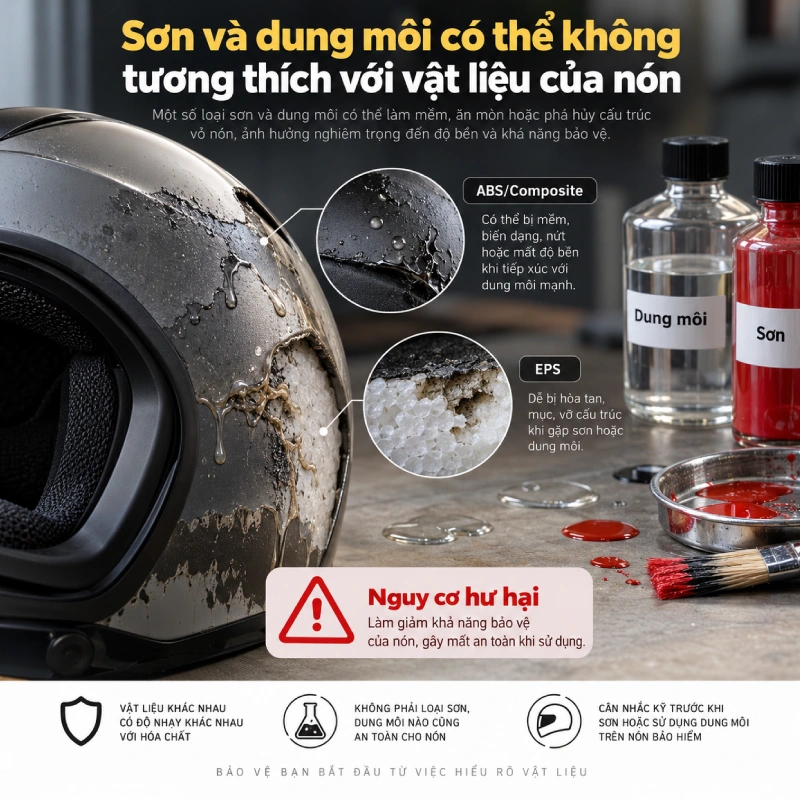 Không nên tự sơn nón bảo hiểm tại nhà vì Sơn và dung môi có thể không tương thích với vật liệu của nón
