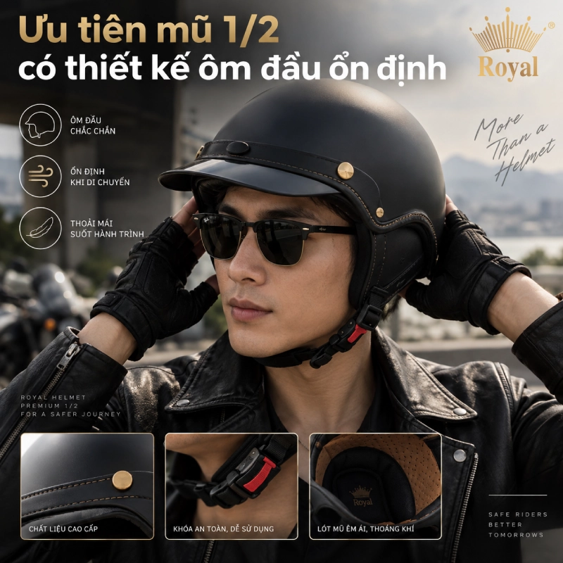 đi đường dài nên chọn mũ bảo hiểm 1/2 như thế nào? Nên chọn kiểu thiết kế ôm đầu