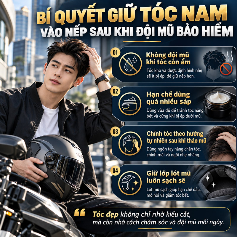 Bí quyết giữ tóc nam vào nếp sau khi đội mũ bảo hiểm
