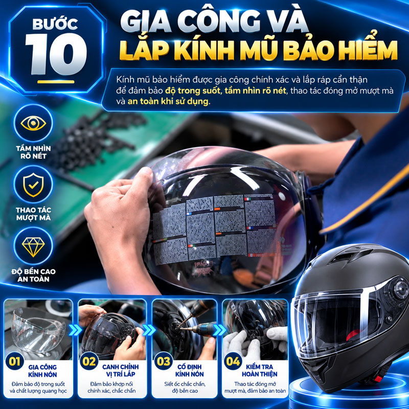 Bước 10: Gia công và lắp kính mũ bảo hiểm