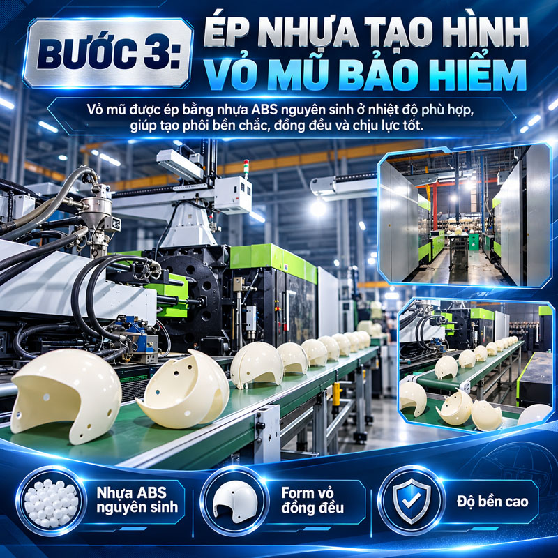 Bước 3: Ép nhựa tạo hình vỏ mũ bảo hiểm