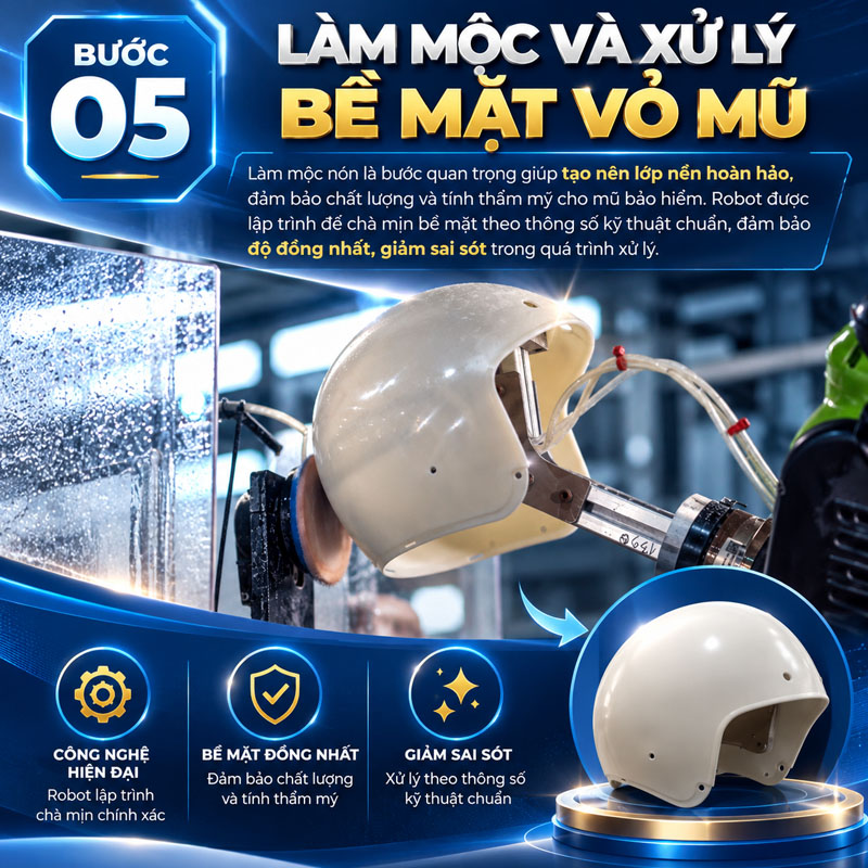 Bước 5: Làm mộc và xử lý bề mặt vỏ mũ