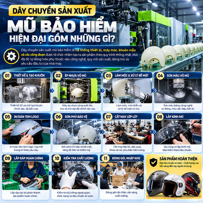 Dây chuyền sản xuất mũ bảo hiểm hiện đại gồm những gì?