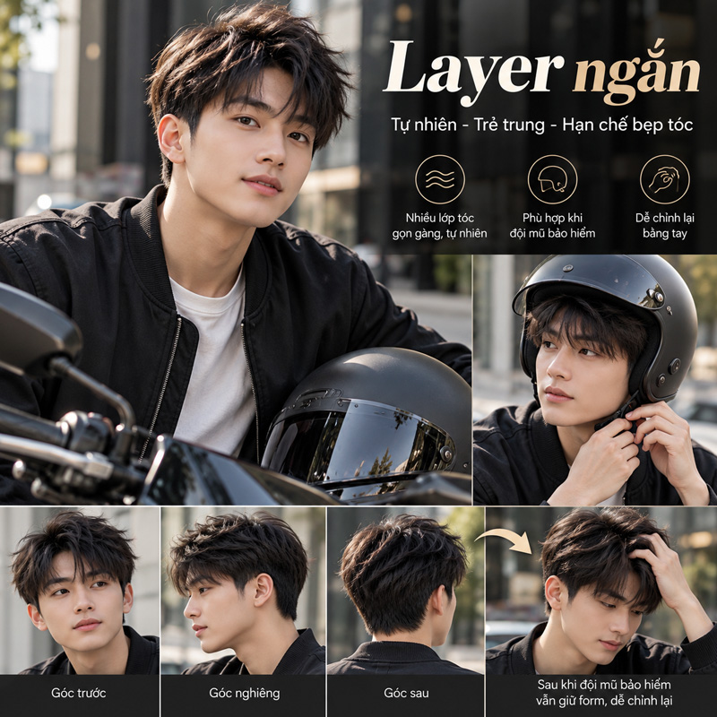 Kiểu tóc nam đội mũ bảo hiểm đẹp Layer ngắn
