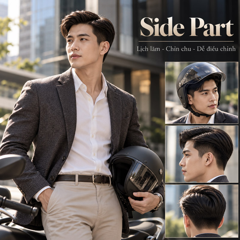 Kiểu tóc nam đội mũ bảo hiểm đẹp Side Part