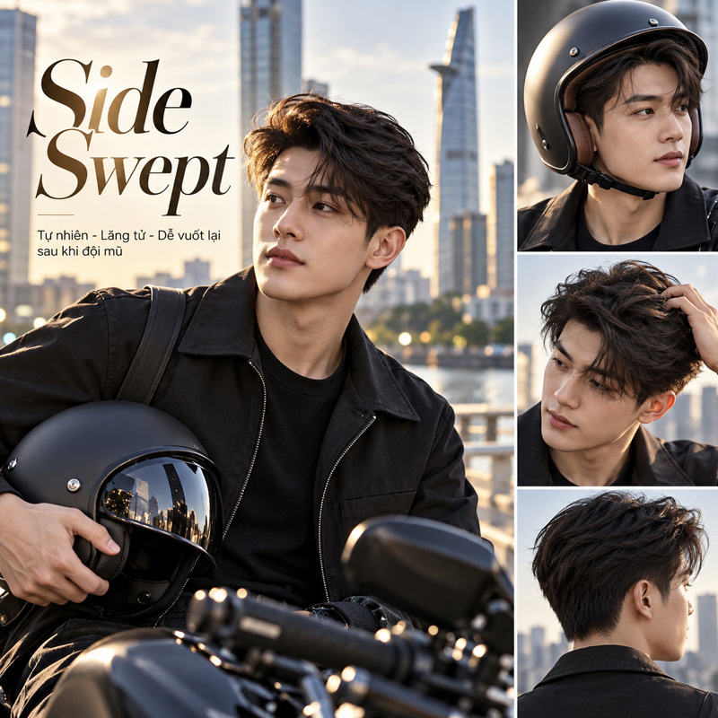 Kiểu tóc nam đội mũ bảo hiểm đẹp Side Swept