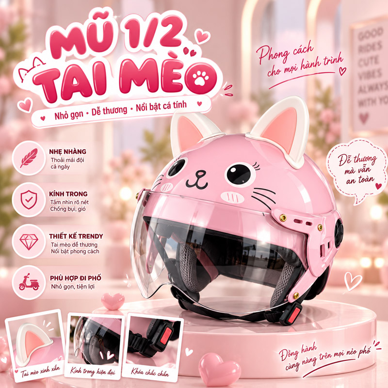 Mũ bảo hiểm 1/2 tai mèo