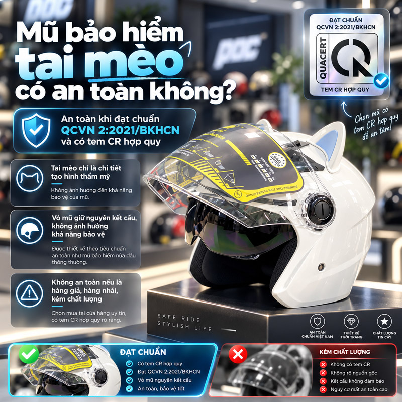 Mũ bảo hiểm tai mèo có an toàn không?
