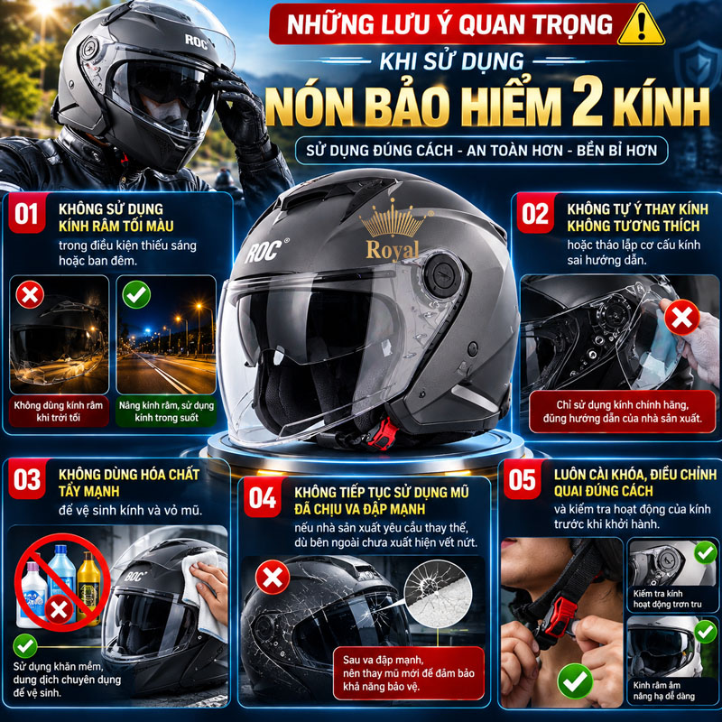 Những lưu ý quan trọng khi sử dụng nón bảo hiểm 2 kính