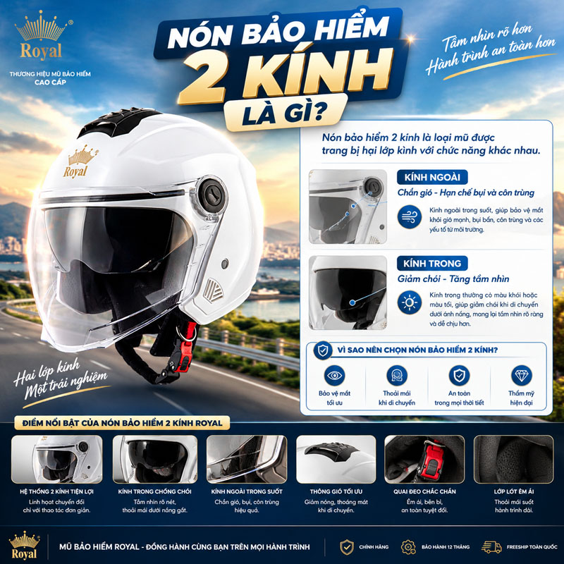 Nón bảo hiểm 2 kính là loại mũ được trang bị hai lớp kính với chức năng khác nhau.