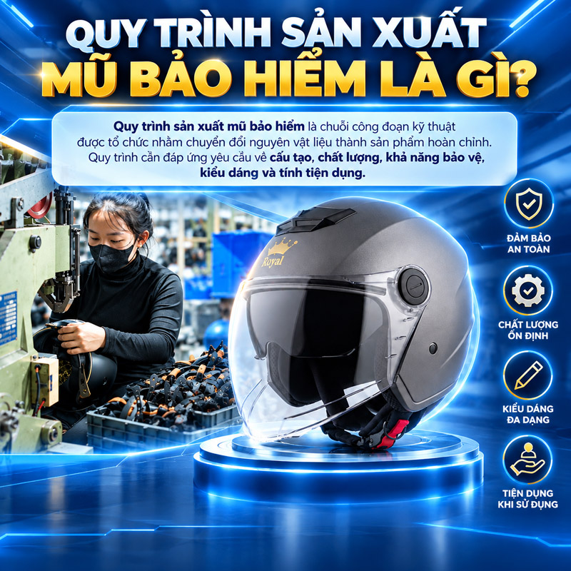 Quy trình sản xuất mũ bảo hiểm là chuỗi công đoạn kỹ thuật được tổ chức nhằm chuyển đổi nguyên vật liệu thành sản phẩm hoàn chỉnh.