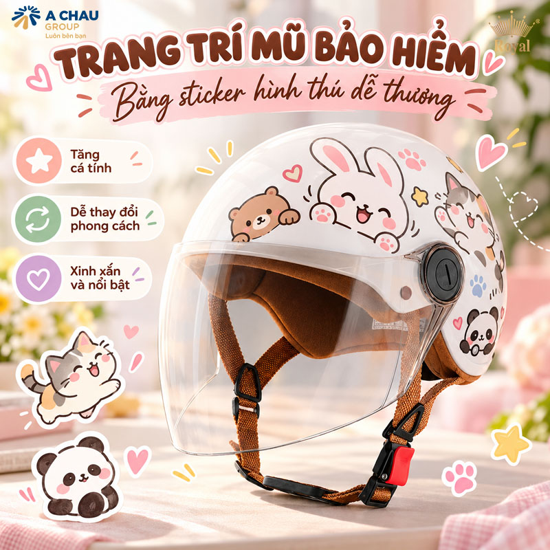 Trang trí mũ bảo hiểm bằng sticker hình thú dễ thương