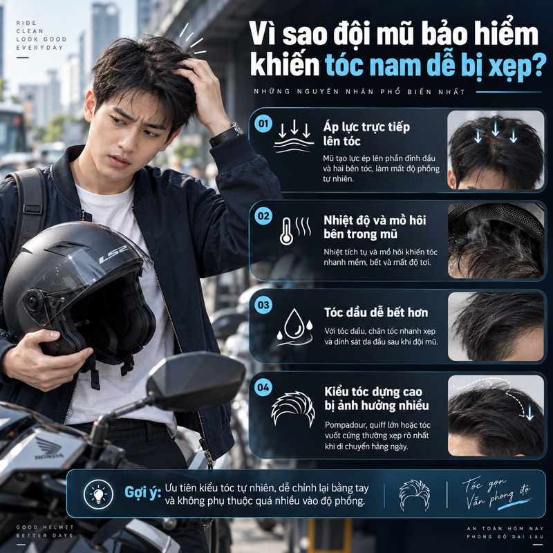 Vì sao đội mũ bảo hiểm khiến tóc nam dễ bị xẹp?