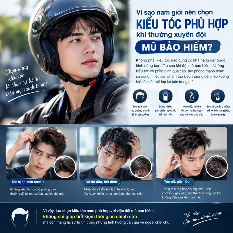 Vì sao nam giới nên chọn kiểu tóc phù hợp khi thường xuyên đội mũ bảo hiểm?